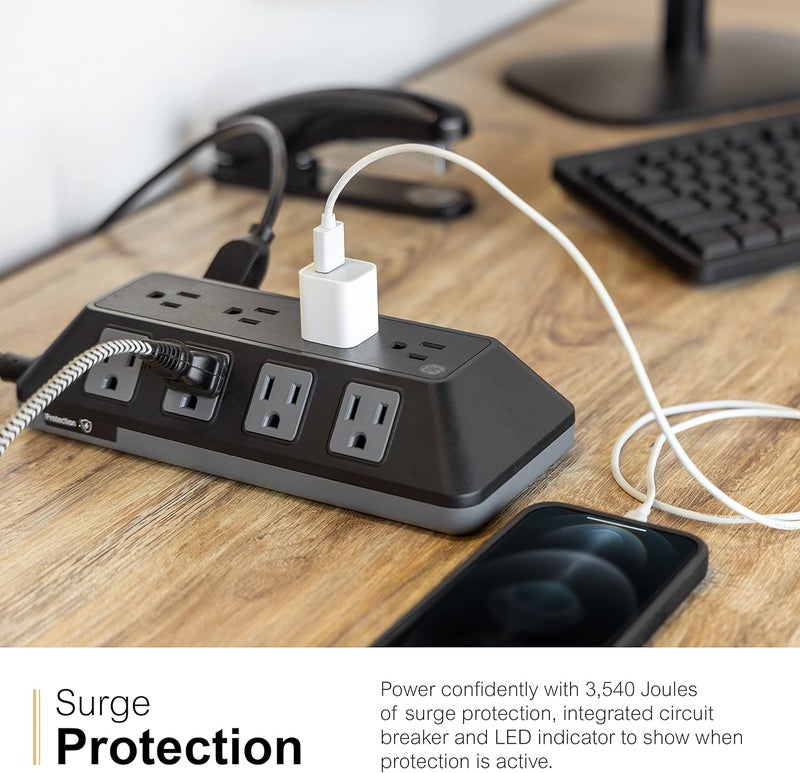 GE UltraPro Adapt 12-Outlet Surge Protector, 6ft Braided Heavy Duty Extension Cord, Flat Plug Power Strip, 3540 Joules, Black, 74542 - Image 5